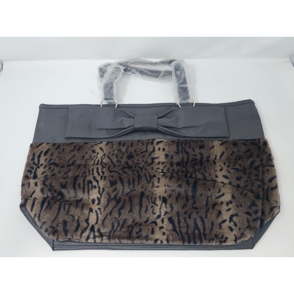 Paris Hilton Faux Fur & Faux Leather Animal Print Tote Bag Gray Brown